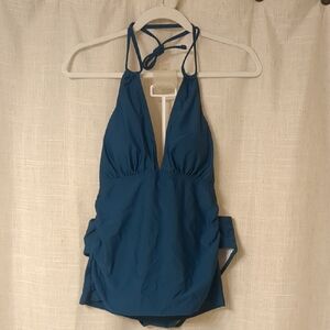 NWT Yonique Teal Halter Tankini with Ruched V-Neck